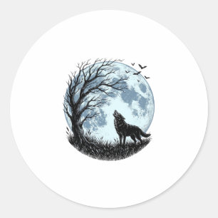 Sticker Rond Conception de silhouette d'arbre de lune hurlant d