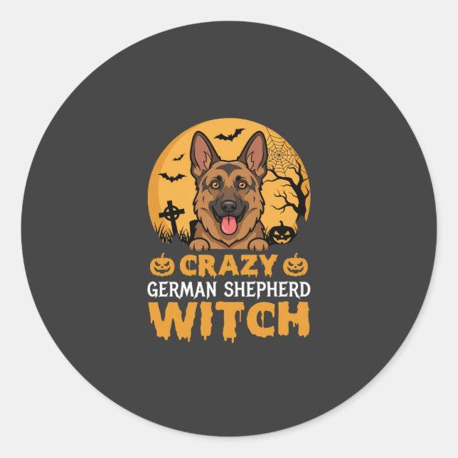 Sticker Rond Conception de sorcière berger allemand fou Hallowe (Devant)