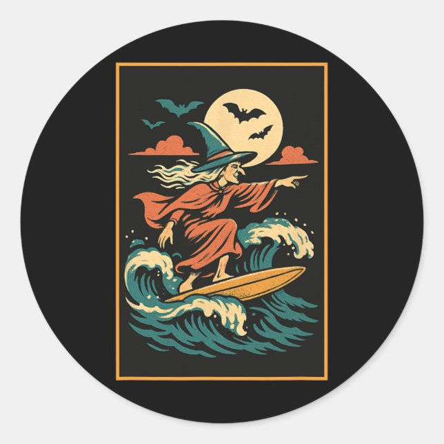 Sticker Rond Conception de surf de sorcière – Plage magique de  (Devant)