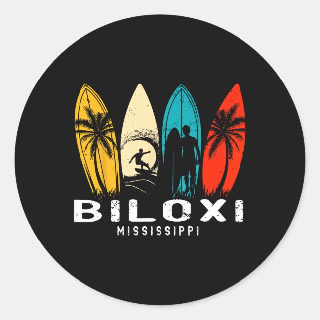 Sticker Rond Conception de surfeur rétro Mississippi Biloxi  (Devant)