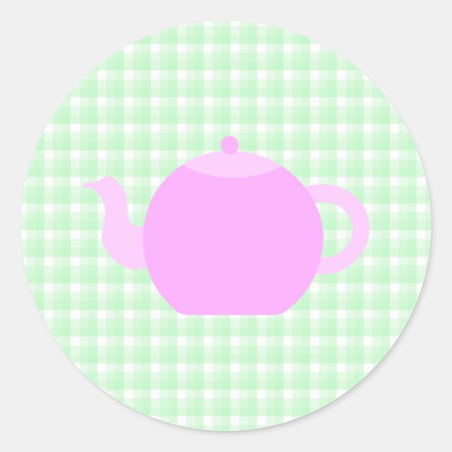 Sticker Rond Conception de théière rose sur chèque vert. (Devant)