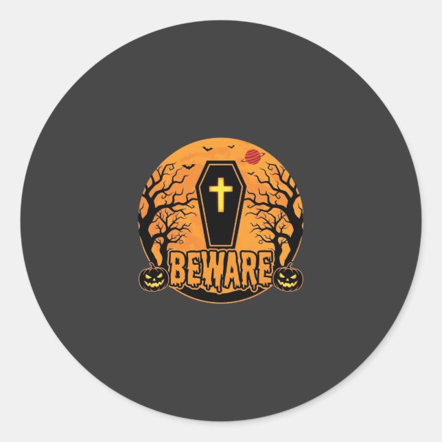 Sticker Rond Conception d'horreur de citrouille de cercueil d'H (Devant)