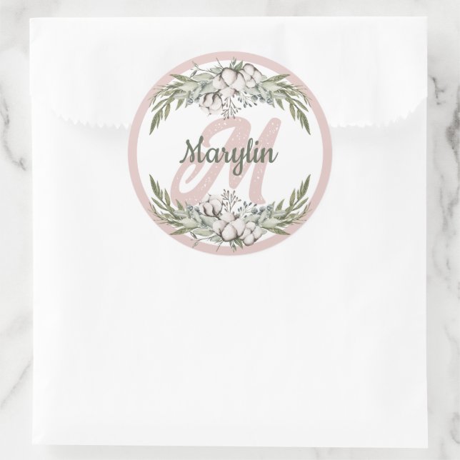 Sticker Rond Conception minimale de fleurs de coton en monogram (Sac)