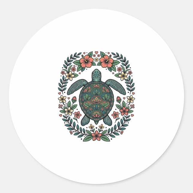 Sticker Rond Conception vectorielle florale de tortue marine vi (Devant)