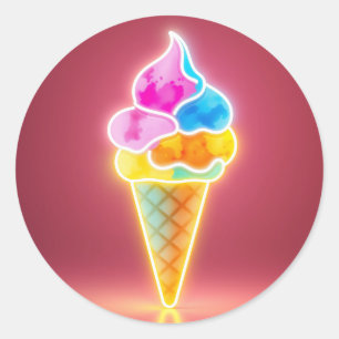 Sticker Rond Cône de crème glacée au néon brillant avec des Sco