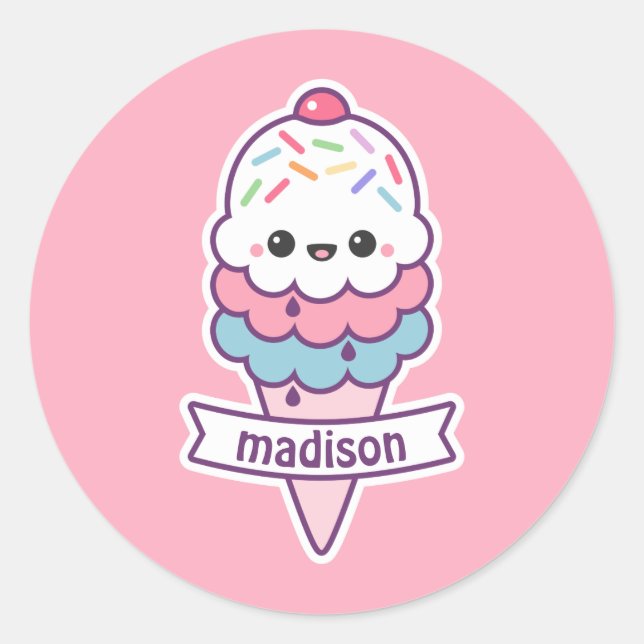 Sticker Rond Cone de crème glacée Kawaii (Devant)