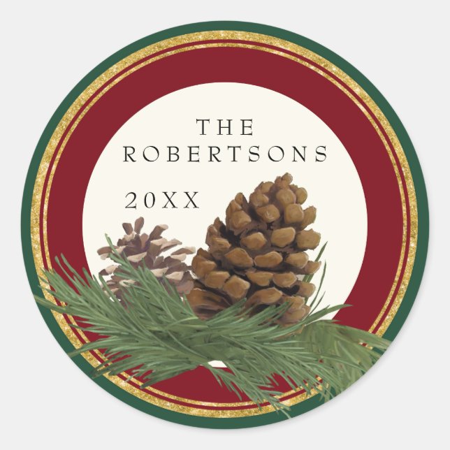 Sticker Rond Cône de pin peint à la main avec nom Parties scint (Devant)