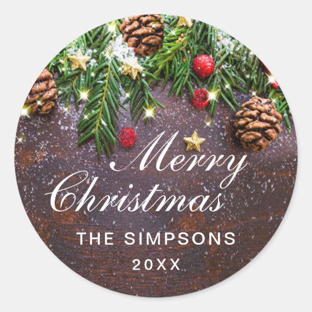 Sticker Rond Cônes de Pin Branche Rustique Joyeux Noël Fêtes (Devant)