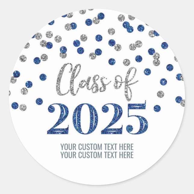 Sticker Rond Confetti Bleu Argent Diplôme 2025 (Devant)