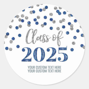 Sticker Rond Confetti Bleu Argent Diplôme 2025