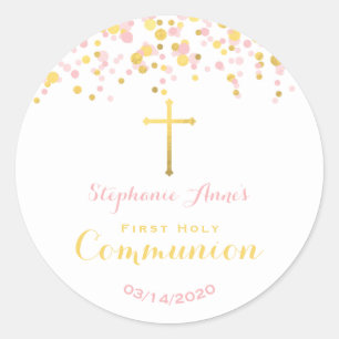 Sticker Rond Confetti de communion rose et or