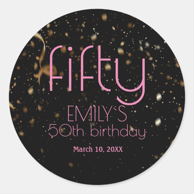 Sticker Rond Confetti d'or noir moderne 50e anniversaire (Devant)