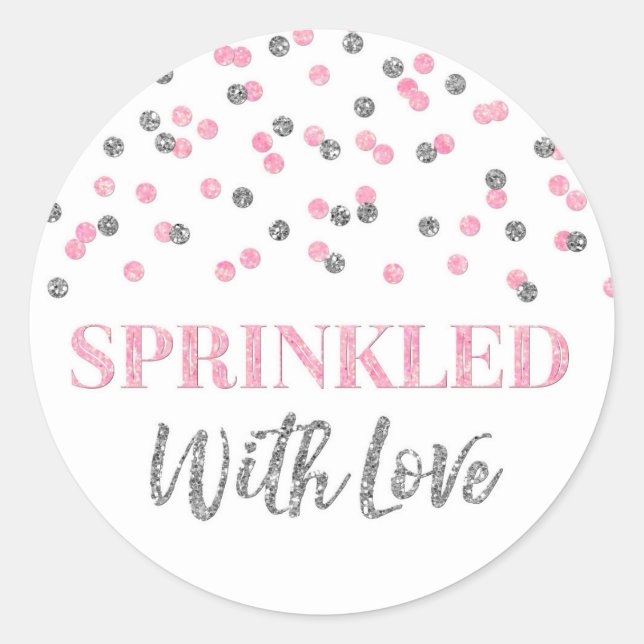 Sticker Rond Confetti en argent rose clair parsemé d'amour (Devant)