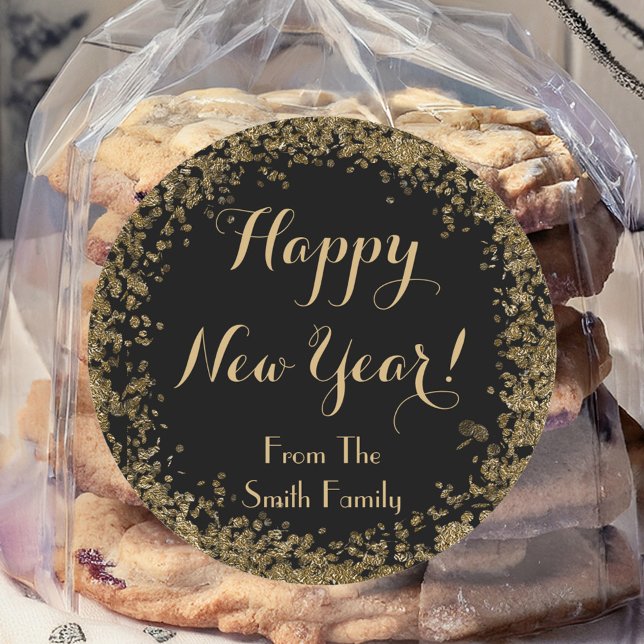 Sticker Rond Confetti en or simple et Nouvel An heureux noir (Créateur téléchargé)