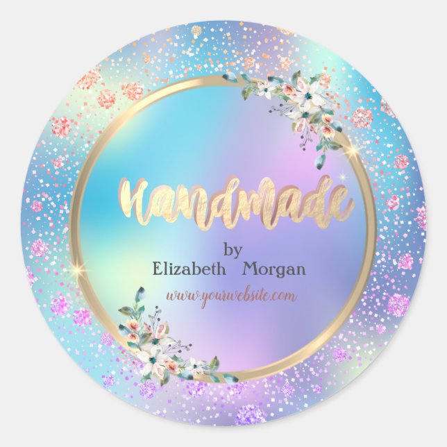 Sticker Rond Confetti, Fleurs, Holographique, Fait main (Devant)