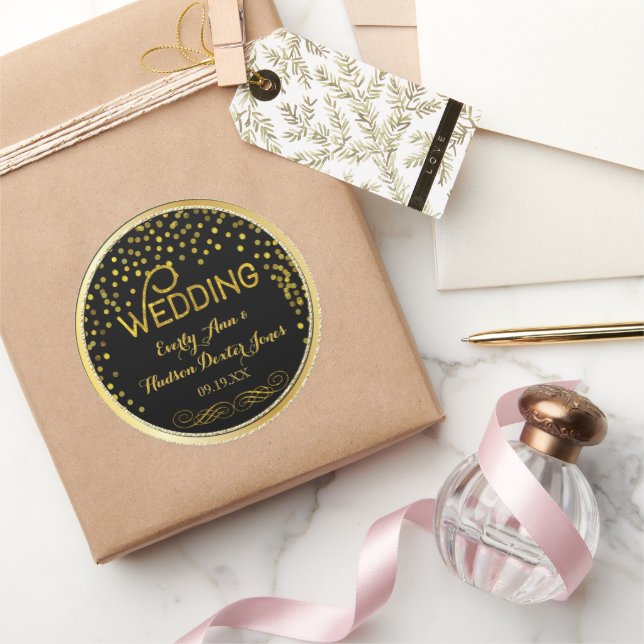 Sticker Rond Confetti Noir & Or Mariage moderne (Cadeaux)
