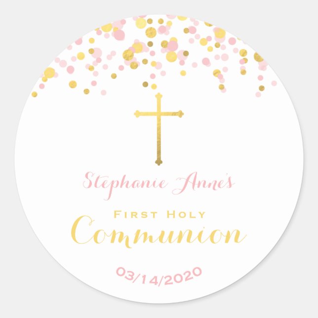 Sticker Rond Confetti rose et or communion (Devant)