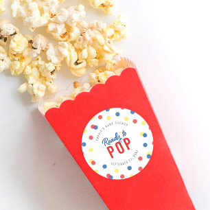 Sticker Rond Confetti rouge bleu jaune prêt pour le Baby shower