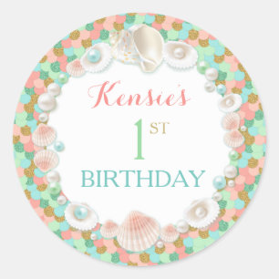 Sticker Rond Confettis Coquilles Marines Corail Menthe Pêche Or