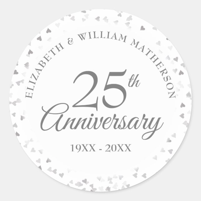 Sticker Rond Confettis de coeurs d'amour argentés pour le 25e a (Devant)