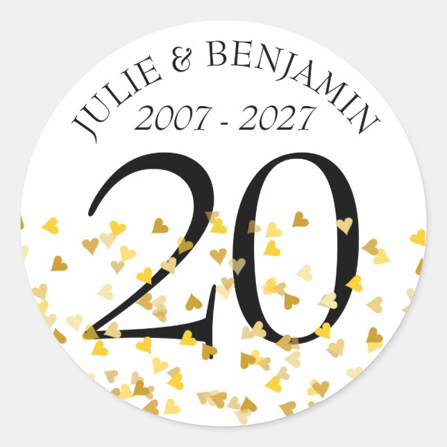 Sticker Rond Confettis de coeurs dorés pour tout anniversaire (Devant)