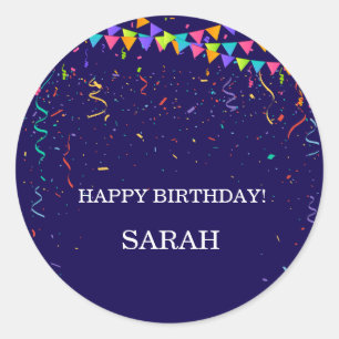 Sticker Rond Confettis de fête colorés et cadeau joyeux anniver