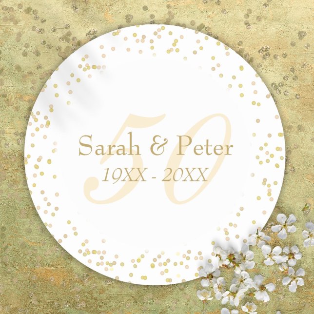 Sticker Rond Confettis dorés pour les 50 ans de mariage (50th Golden Wedding Anniversary Gold Confetti Classic Round Sticker)