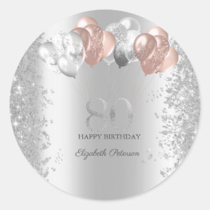 Sticker Rond Confettis Pailletés Argent Ballons Roses 80 ans