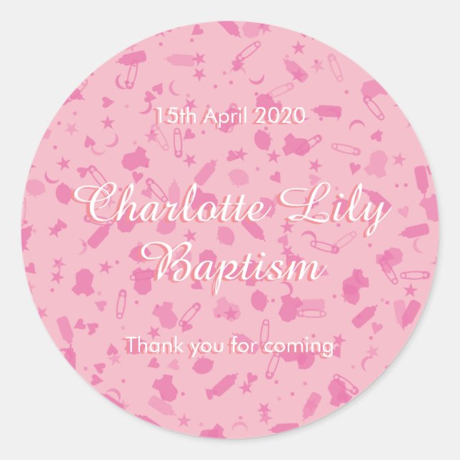 Sticker Rond Confettis Rose Bébé Baptême Favori (Devant)