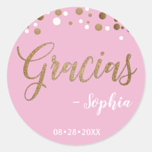 Sticker Rond Confettis roses et dorés Merci pour ton anniversai