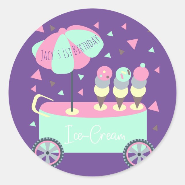 Sticker Rond Confettis Stand de Glace Anniversaire Violet (Devant)