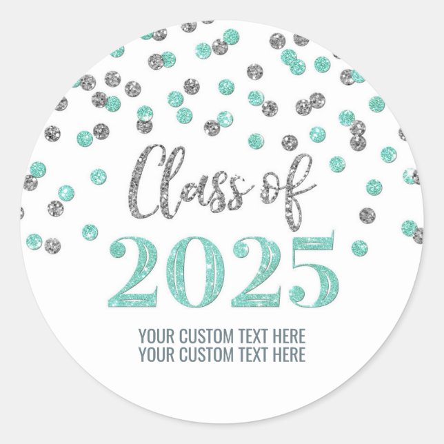 Sticker Rond Confettis Turquoise Argent Diplôme 2025 (Devant)