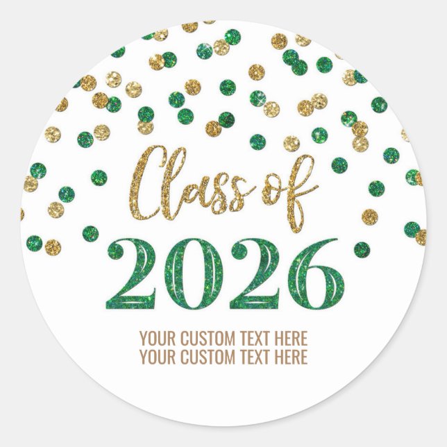 Sticker Rond Confettis Verts Dorés Graduation 2026 (Devant)