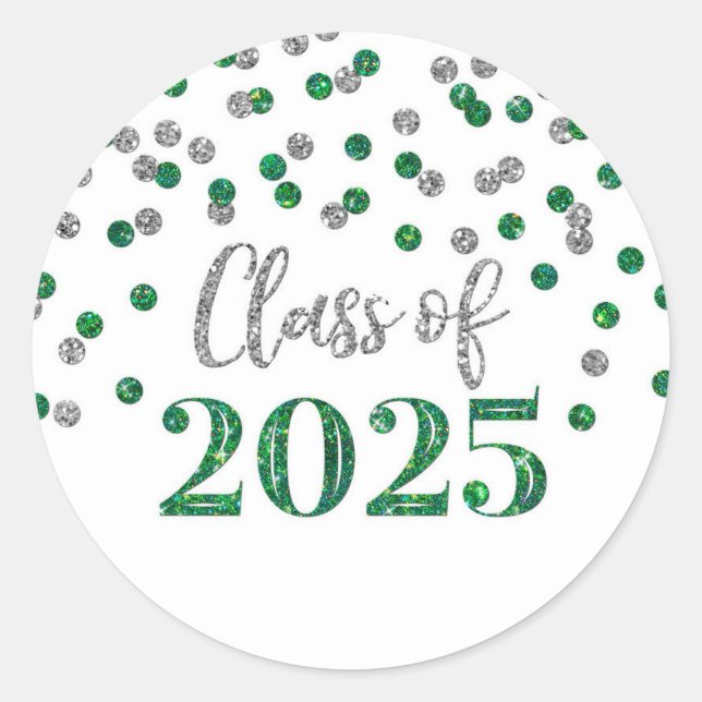 Sticker Rond Confettis Verts et Argent Diplômés 2025 (Devant)