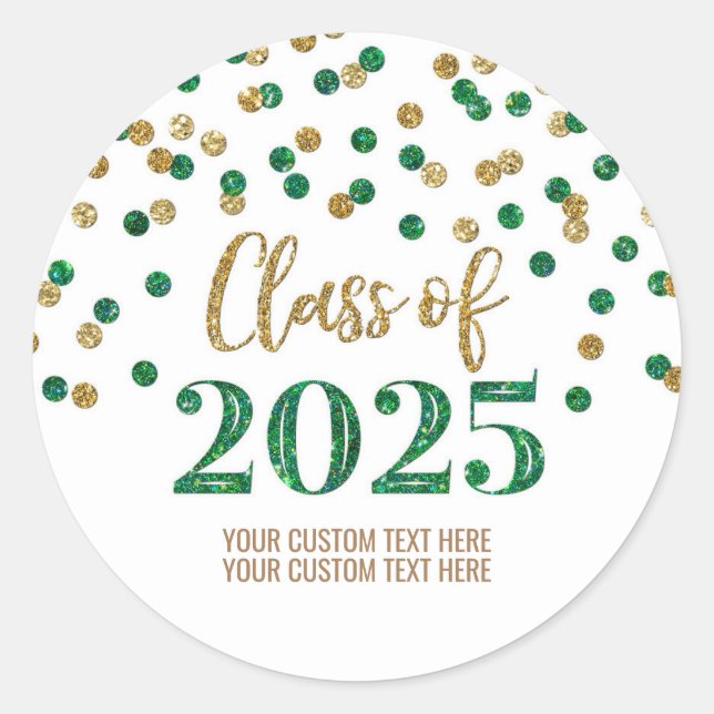 Sticker Rond Confettis Verts et Ors Graduation 2025 (Devant)