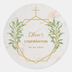 Sticker Rond Confirmation Botanique Vert Or Géométrique
