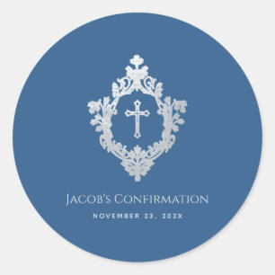 Sticker Rond Confirmation Classic Blue Boy Croix Vintage Crest