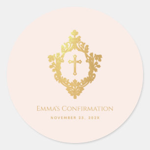 Sticker Rond Confirmation de fille Croix d'or rose Faux en crêt