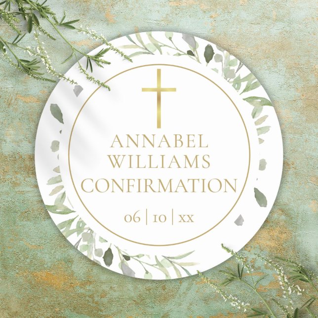 Sticker Rond Confirmation Fleurie de Végétal à l'Aquarelle Or (Watercolor Greenery Floral Gold Confirmation Classic Round Sticker)