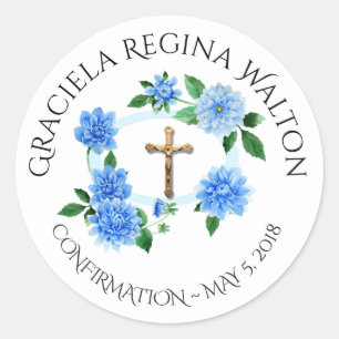 Sticker Rond Confirmation Floral Blue Dahlias Crucifix