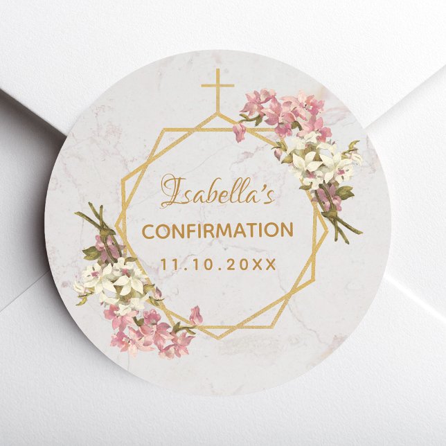 Sticker Rond Confirmation Floral Gold Cross Pink Orchids Marble (Créateur téléchargé)