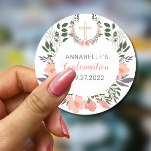 Sticker Rond Confirmation florale simple de corail