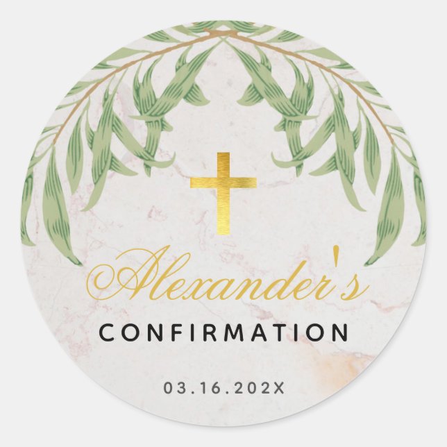 Sticker Rond Confirmation Foliage Marbre Script Faux Gold Cross (Devant)