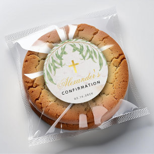 Sticker Rond Confirmation Foliage Marbre Script Faux Gold Cross