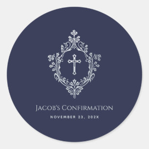 Sticker Rond Confirmation Garçon Marine Croix Vintage bleue dan