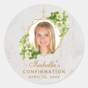 Sticker Rond Confirmation Girl Photo White Lys Marble Gold