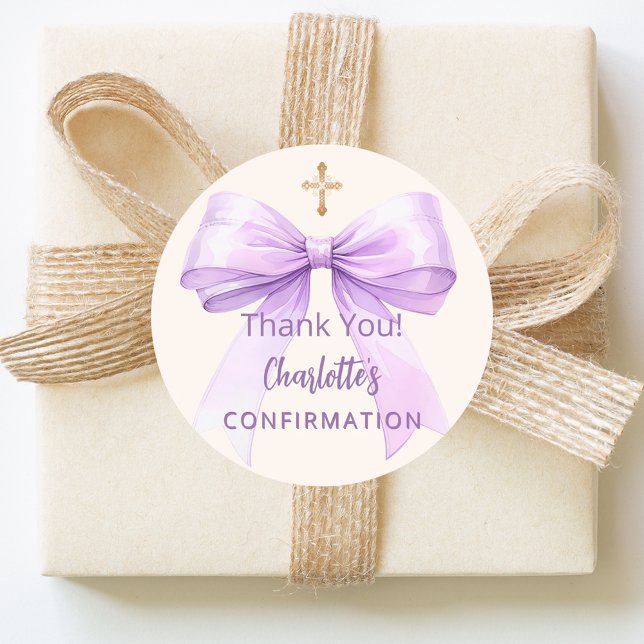Sticker Rond Confirmation lavender bow ivory cross thank you (Créateur téléchargé)