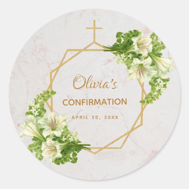 Sticker Rond Confirmation Lys blancs Marbre Gold Cross Floral (Devant)