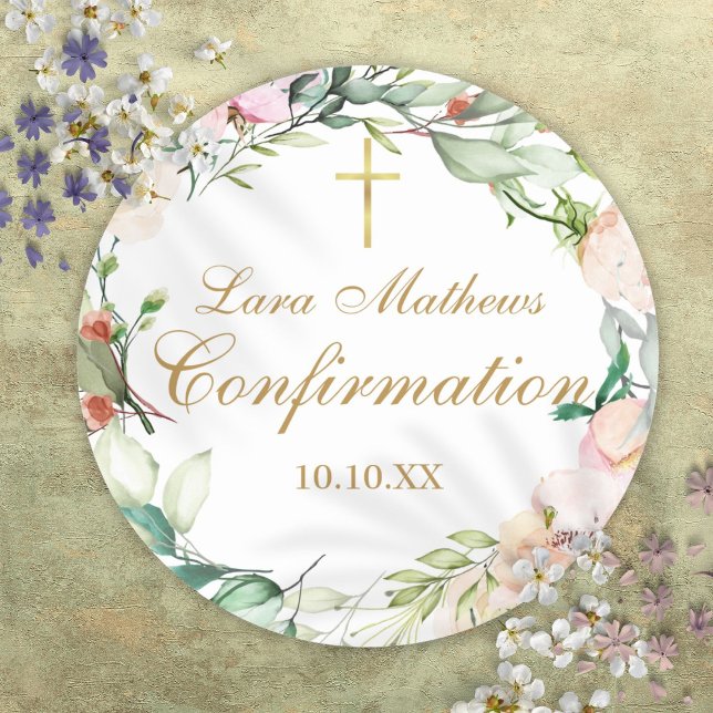 Sticker Rond Confirmation rose Floral Garland Gold Script (Roses Floral Garland Gold Script Confirmation Classic Round Sticker)