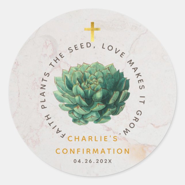Sticker Rond Confirmation Succulent Gold Faith Plantes de la se (Devant)